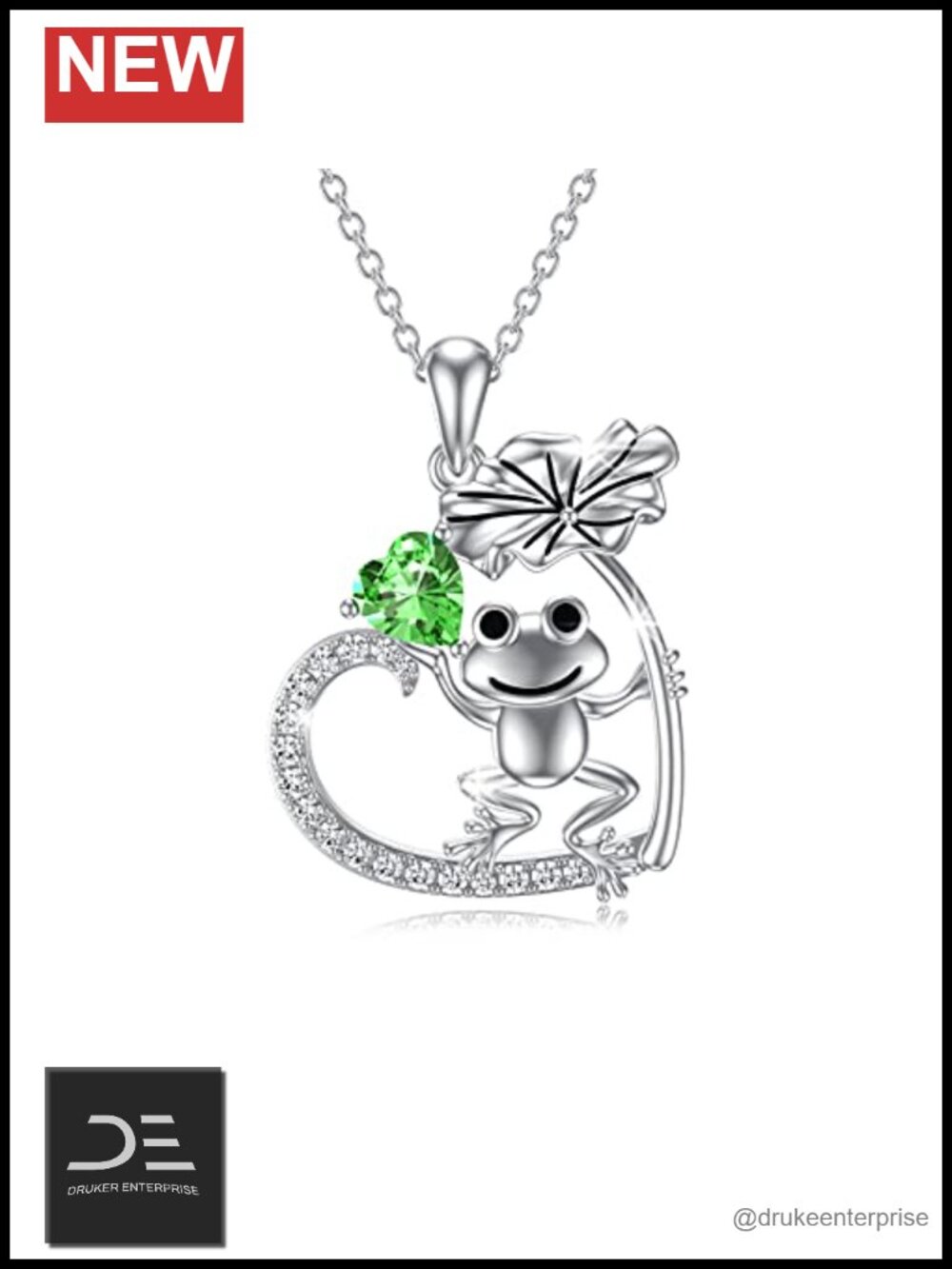 Sterling Silver Frog Necklace Green Crystal Heart Pendant Gift for Women